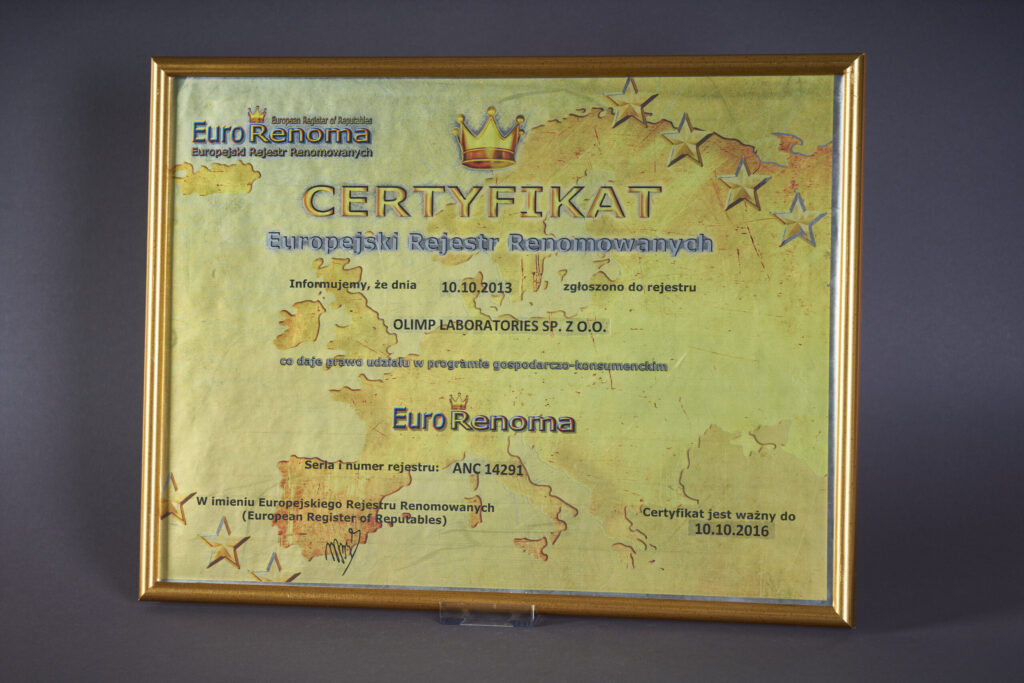 Certyfikat Europejski Rejestr Renomowanych Euro Renoma 2013r