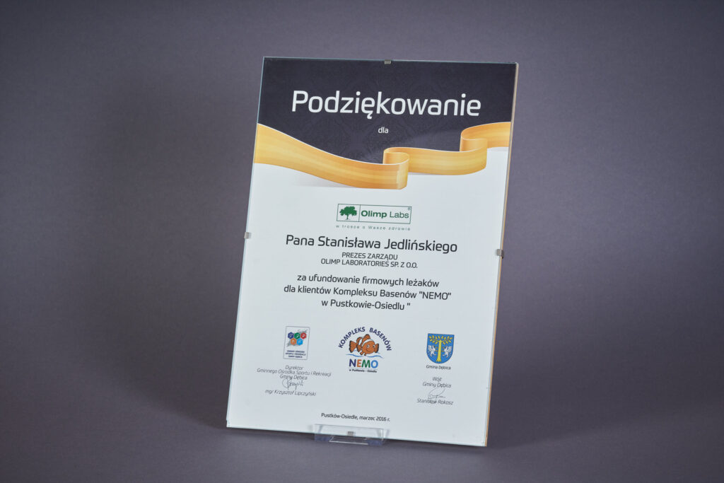 Podziękowania za pomoc w wsparcie Kompleks Basenów NEMO w Pustków 2016r.