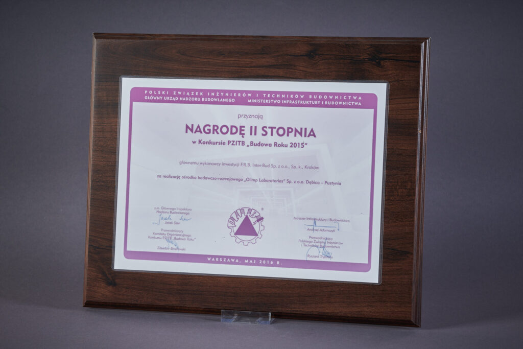 Nagroda II Stopnia Budowa Roku 2015r. za budowę ośrodka badawczo-rozwojowego Olimp Laboratories