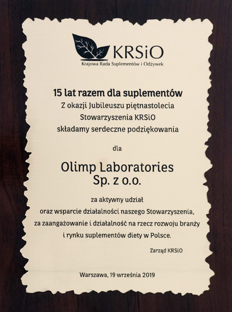 KRSiO składa podziękowania za wsparcie i zaangażowanie na rzecz rozwoju branży i rynku suplementów diety w Polsce 2019r.