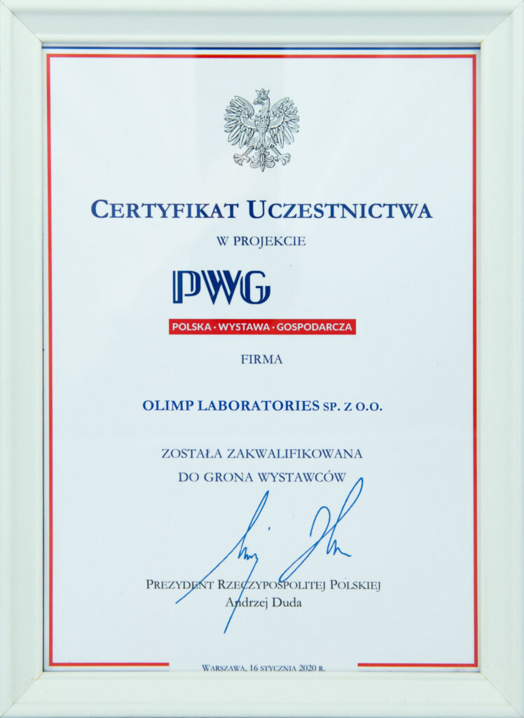 Certyfikat uczestnictwa w projekcie PWG 2020r.